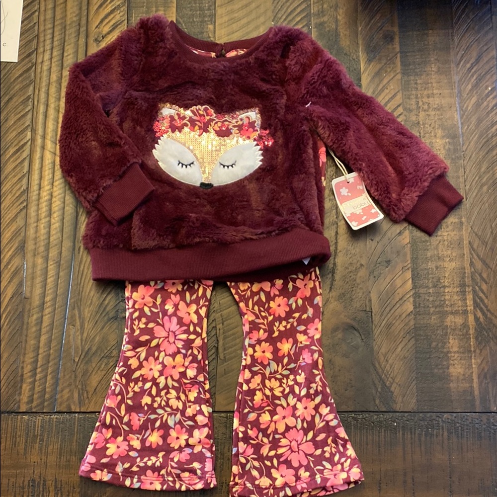 Baby Burgundy Fox Sweater and Floral Pants Set